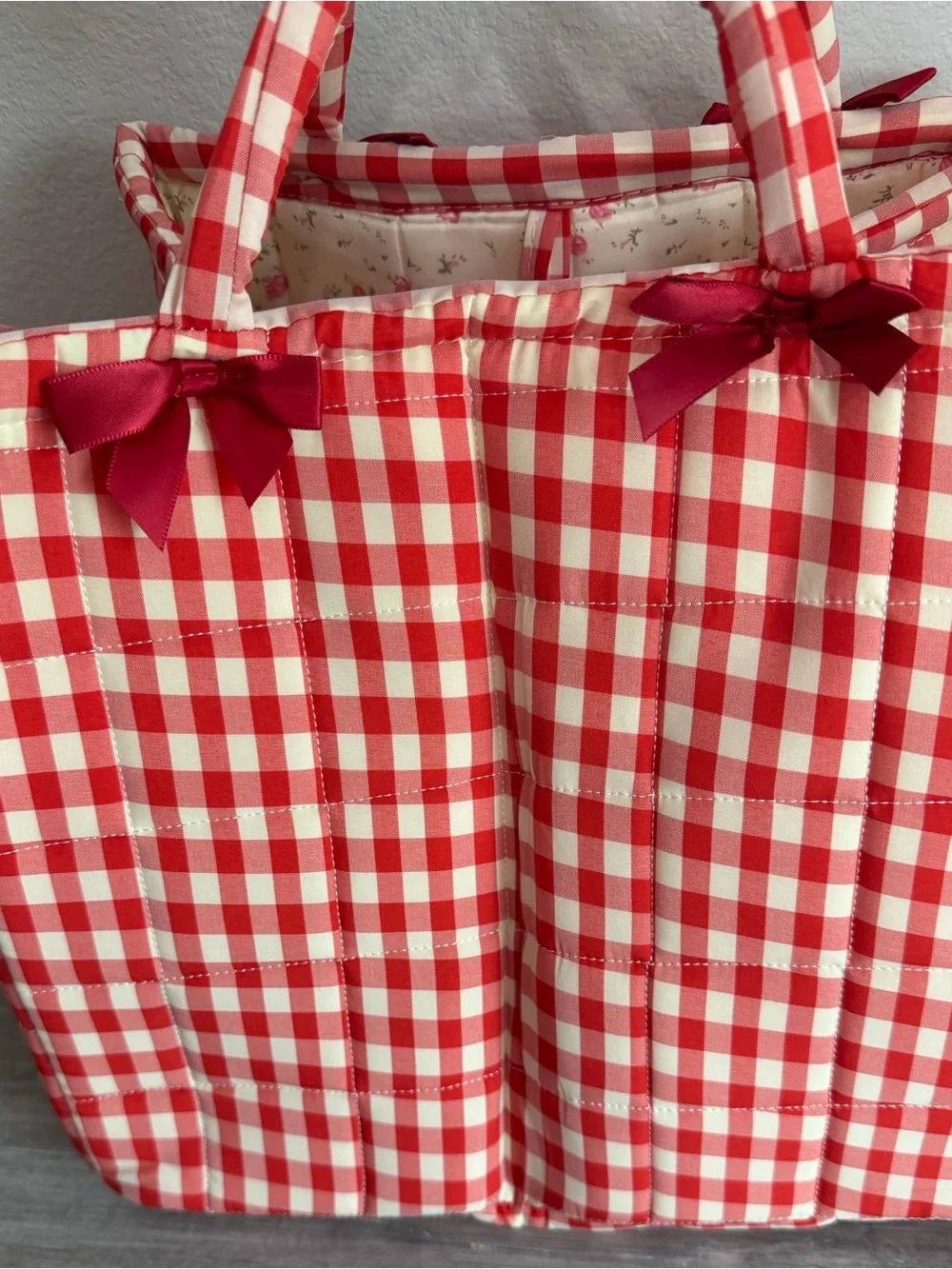 Red Gingham Check Lined Foldable Washable Storage Travel Baby Teacher Bag Tote